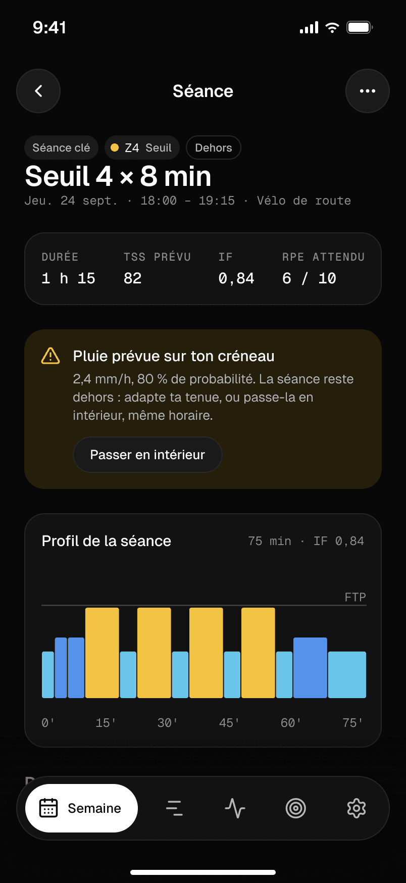 La fiche d’une séance sur téléphone, avec l’alerte pluie sur le créneau et le profil de la séance.