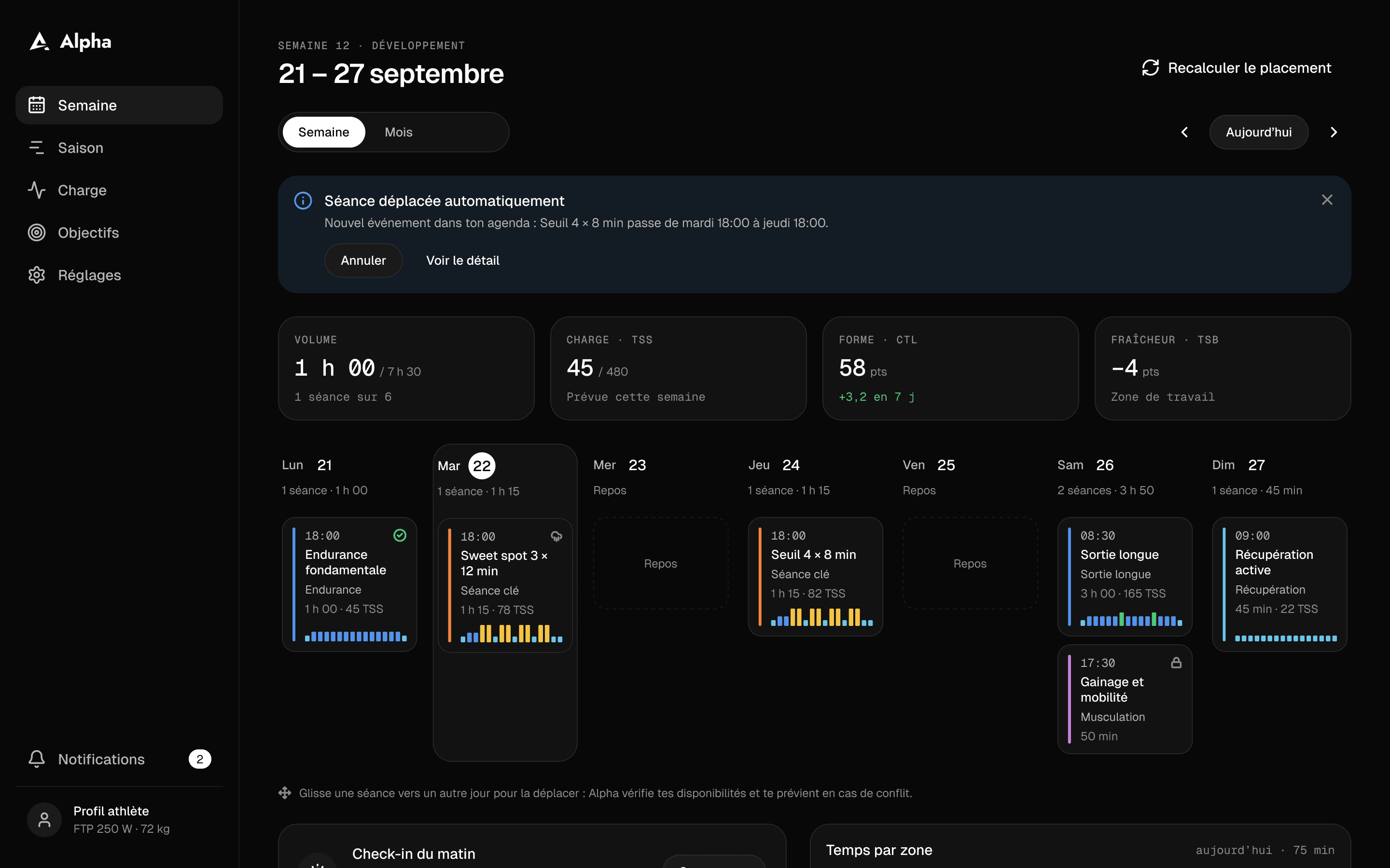 La vue semaine d’Alpha sur ordinateur : les séances du 21 au 27 septembre placées jour par jour, avec le volume, la charge, la forme et la fraîcheur de la semaine.